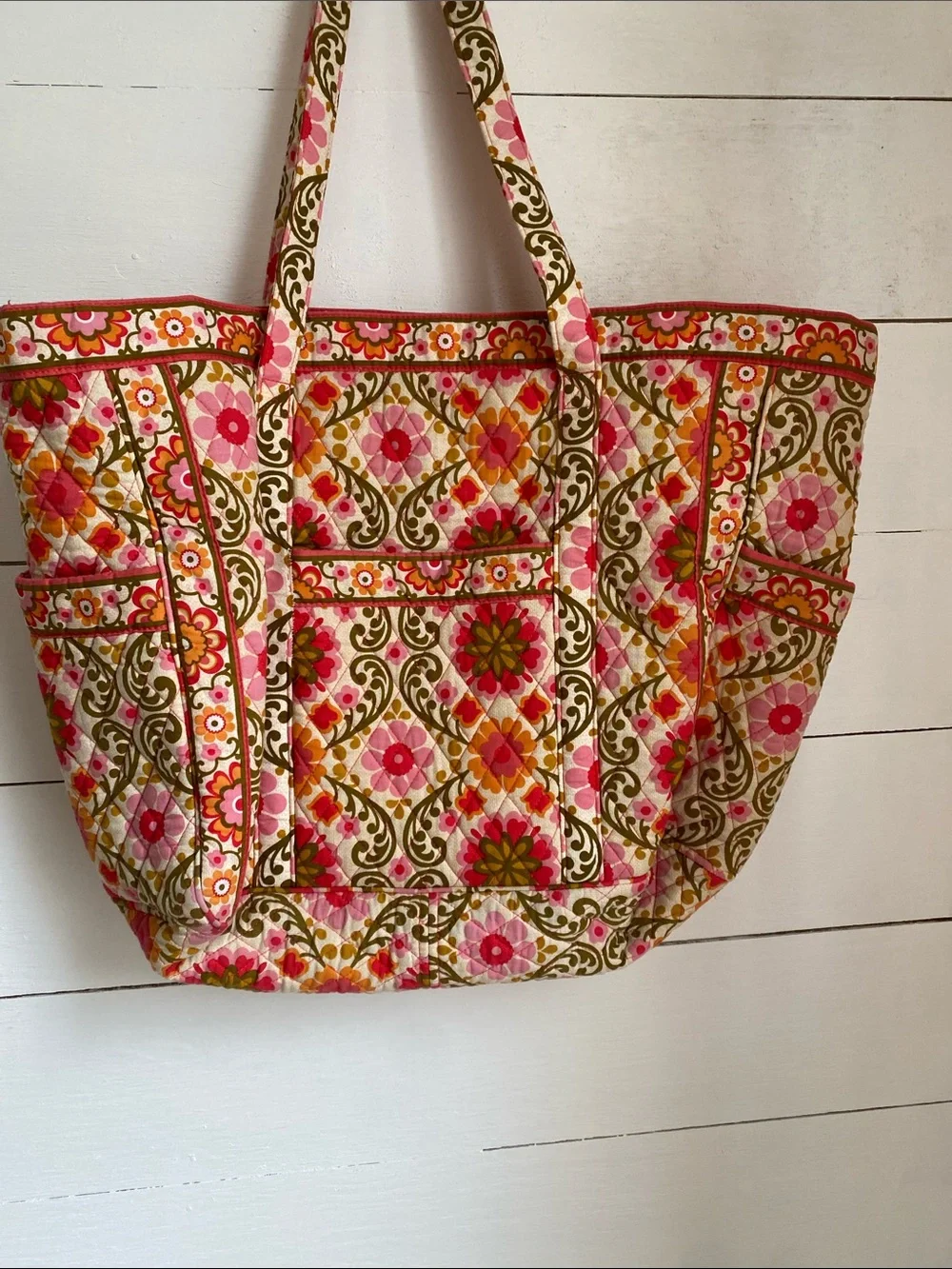 Vera Bradley Quilted Floral Tote in Pink, Orange & Olive - Picture 3 of 10